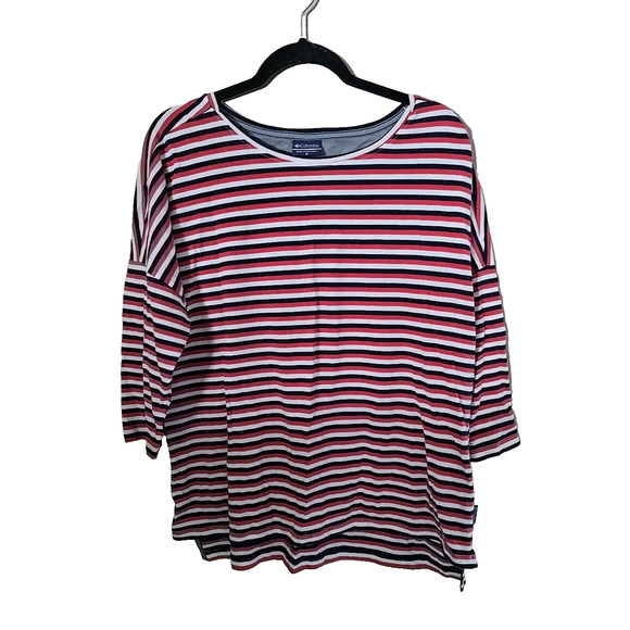 Columbia Red Striped PFG Performance Fishing Short Sleeve Top Womans Size XL - Picture 1 of 5